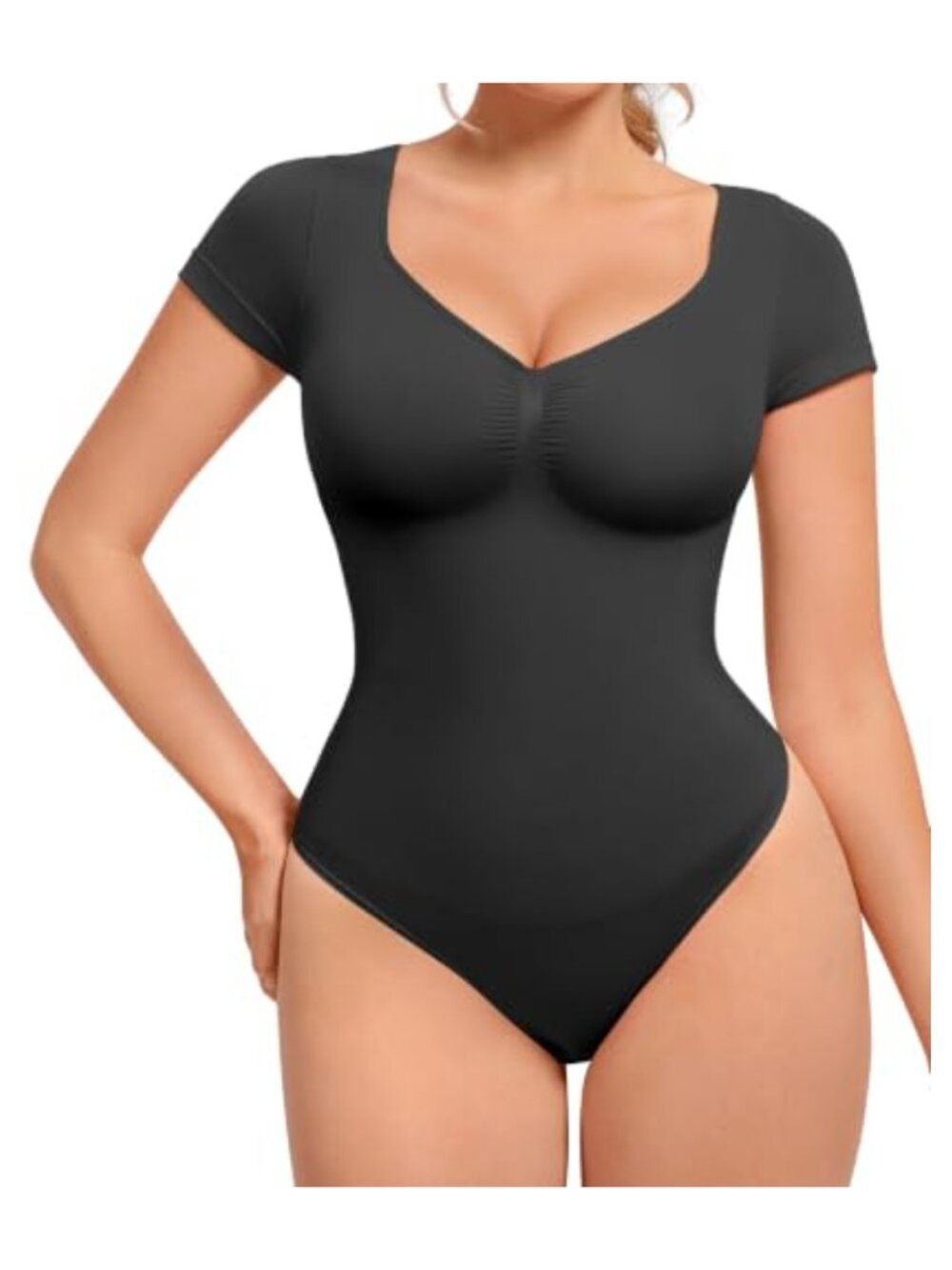 Short Sleeve Shapewear Bodysuit V Neck Tummy Control Thong Design